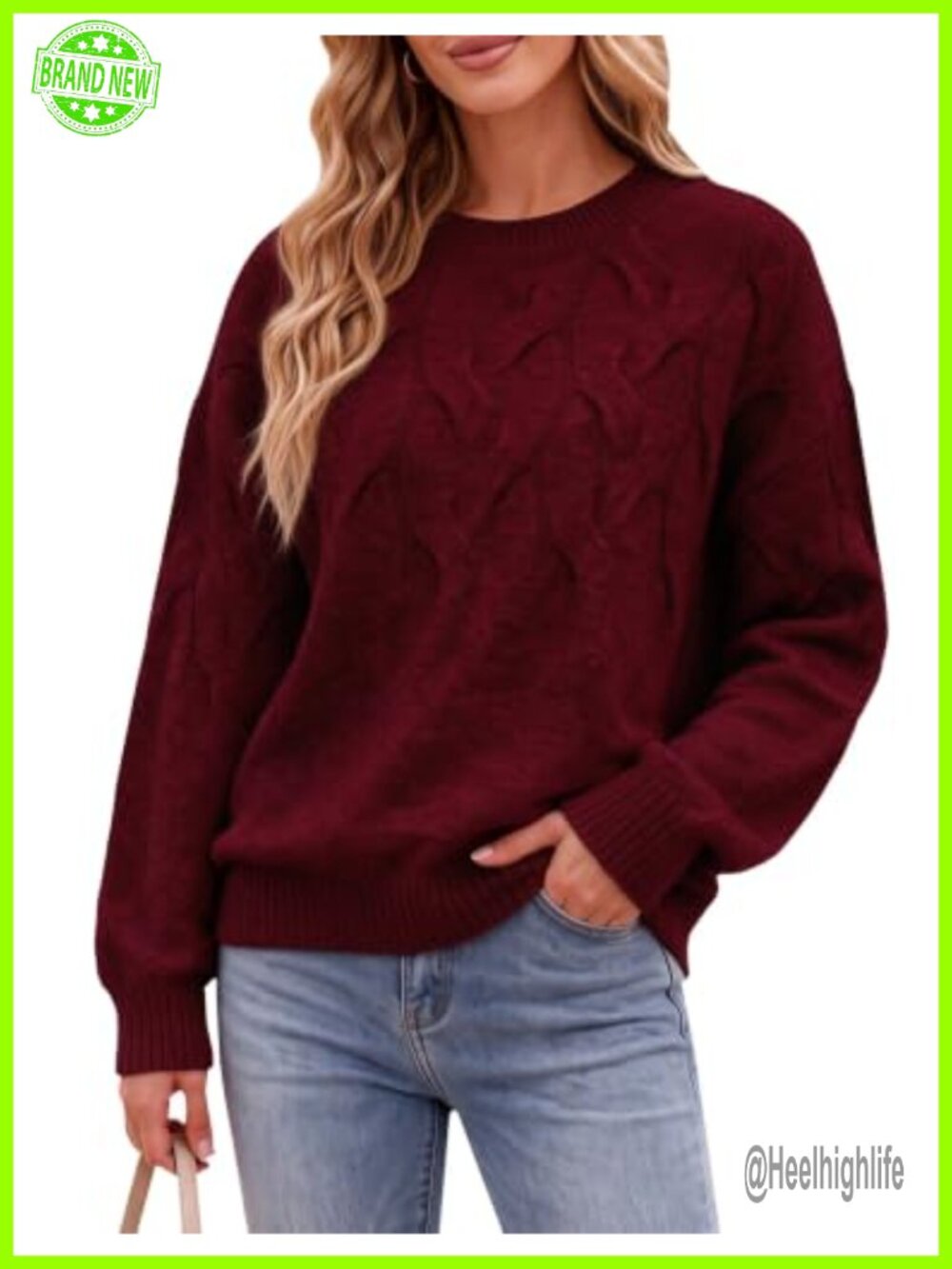 Oversized Crewneck Ribbed Cable Knit Pullover Sweater Women's Cozy